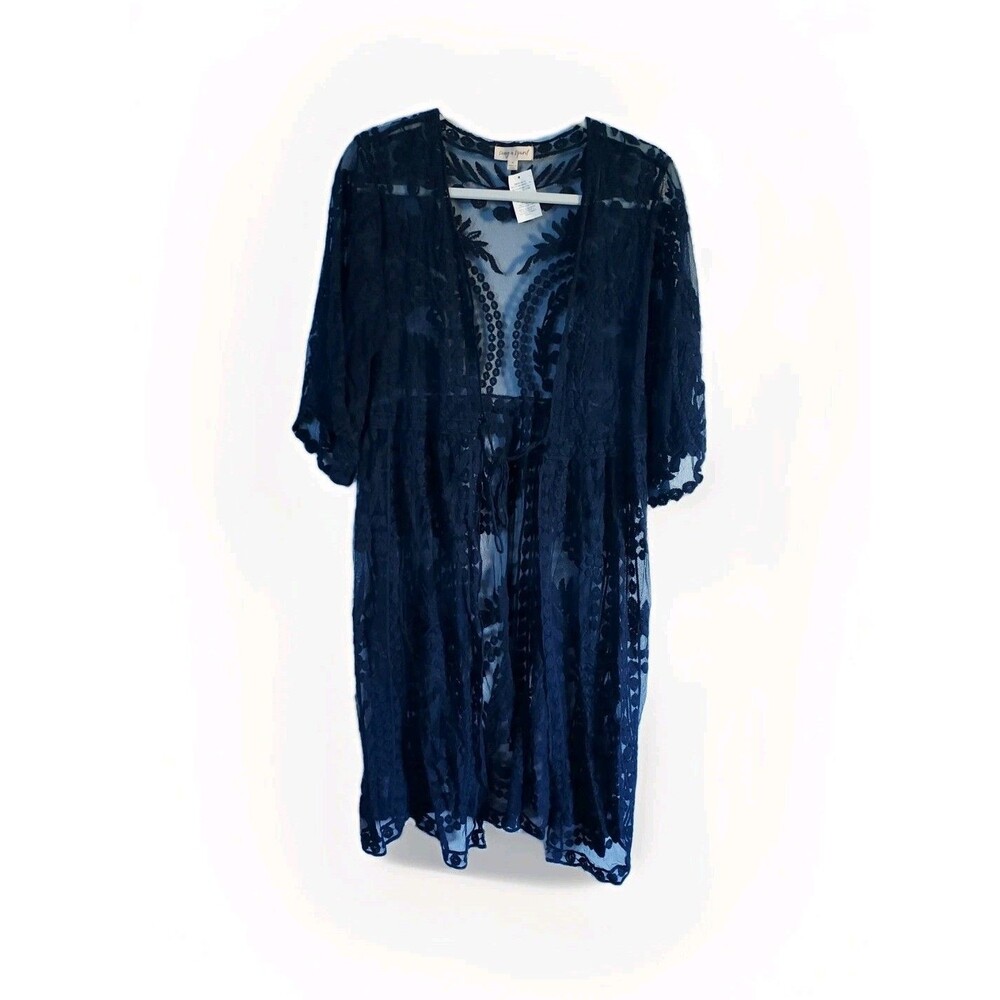 Song N Spirit Blue Embroidered Sheer Mesh Lace Women's Cardigan Size Medium NEW